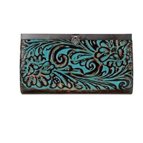 Patricia Nash Wallet Leather Framed Turquoise Cauchy Tooled - Picture 3 of 10